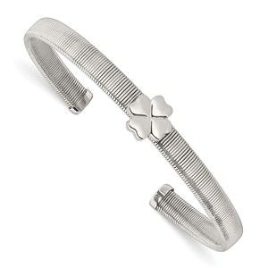 Steel Polished Four Leaf Clover Shamrock Flexible Cuff Bangle Bracelet